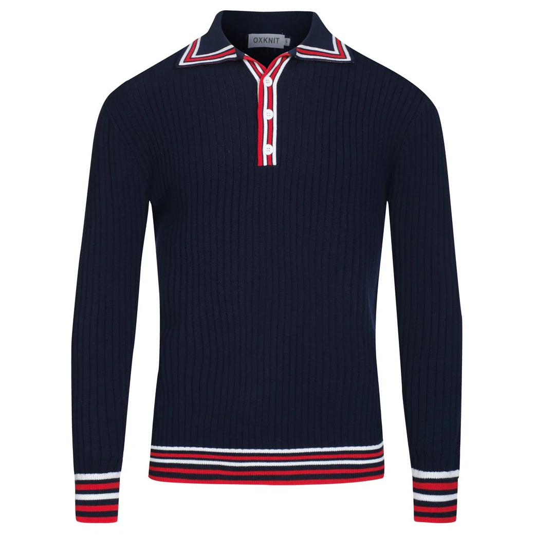 Men's dark blue vintage striped pothole knitted polo shirt