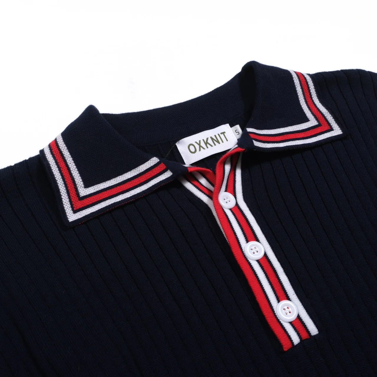 Men's dark blue vintage striped pothole knitted polo shirt - Image 4