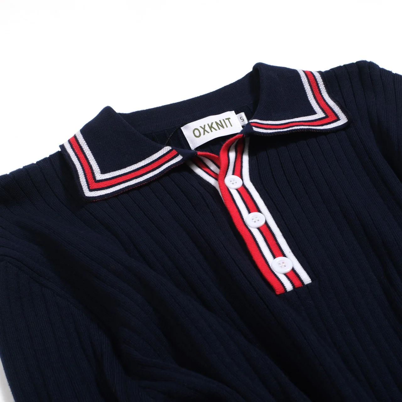 Men's dark blue vintage striped pothole knitted polo shirt - Image 9