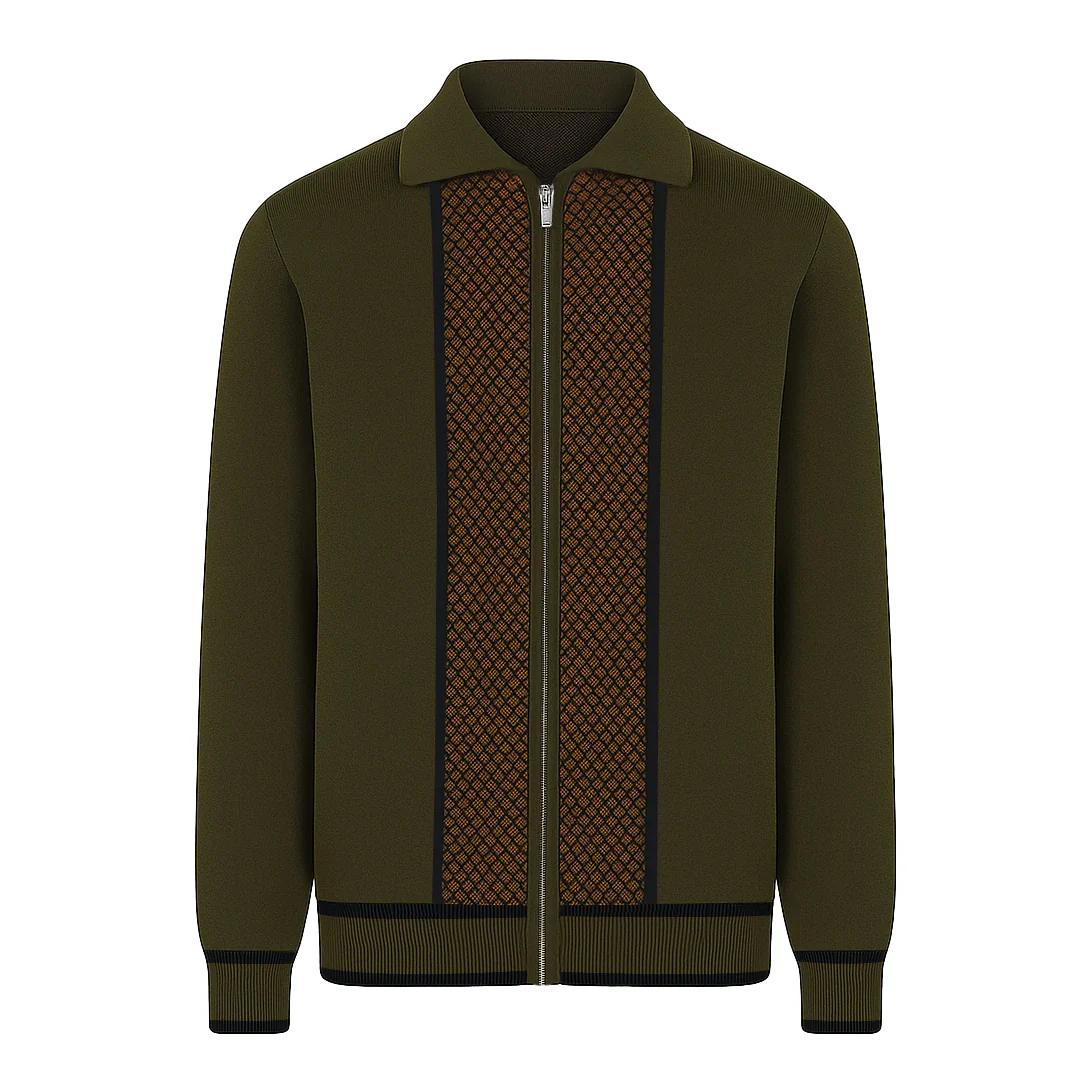 Men's dark green vintage art jacquard knitted cardigan