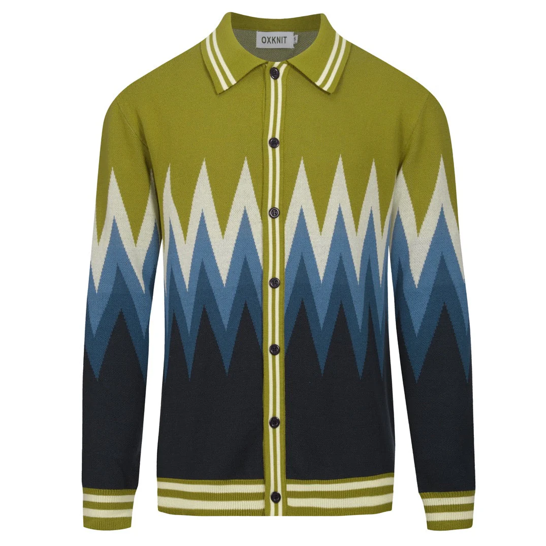 Men's Green Classic Vintage Striped Art Jacquard Knitted Cardigan