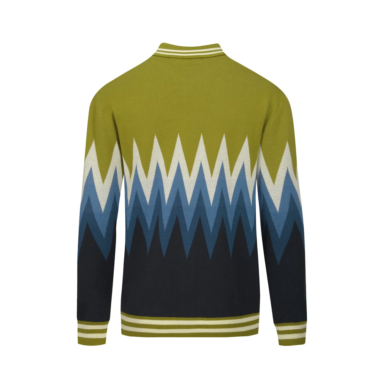 Men's Green Classic Vintage Striped Art Jacquard Knitted Cardigan - Image 3