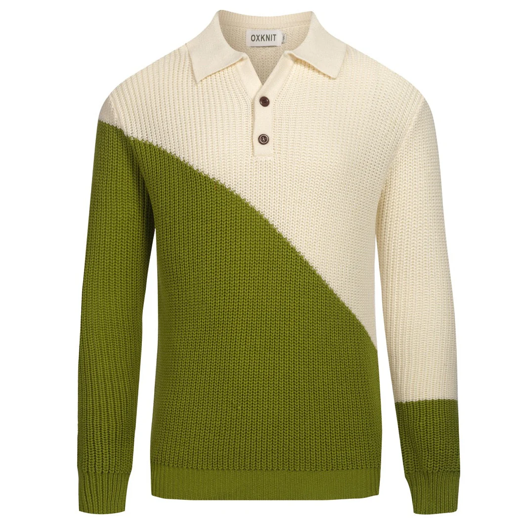 Men's green color-blocked retro V-neck polo shirt