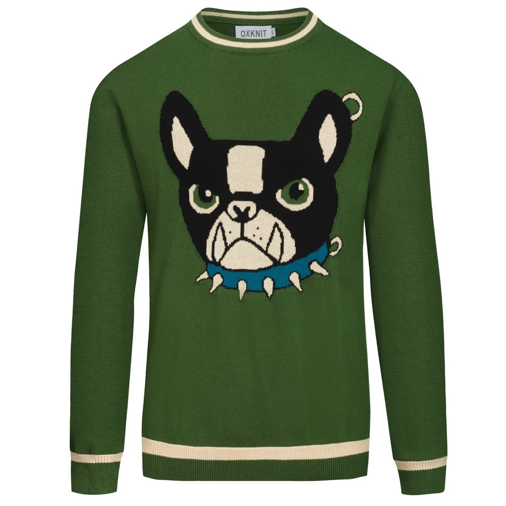 Men's green French bulldog jacquard knitwear