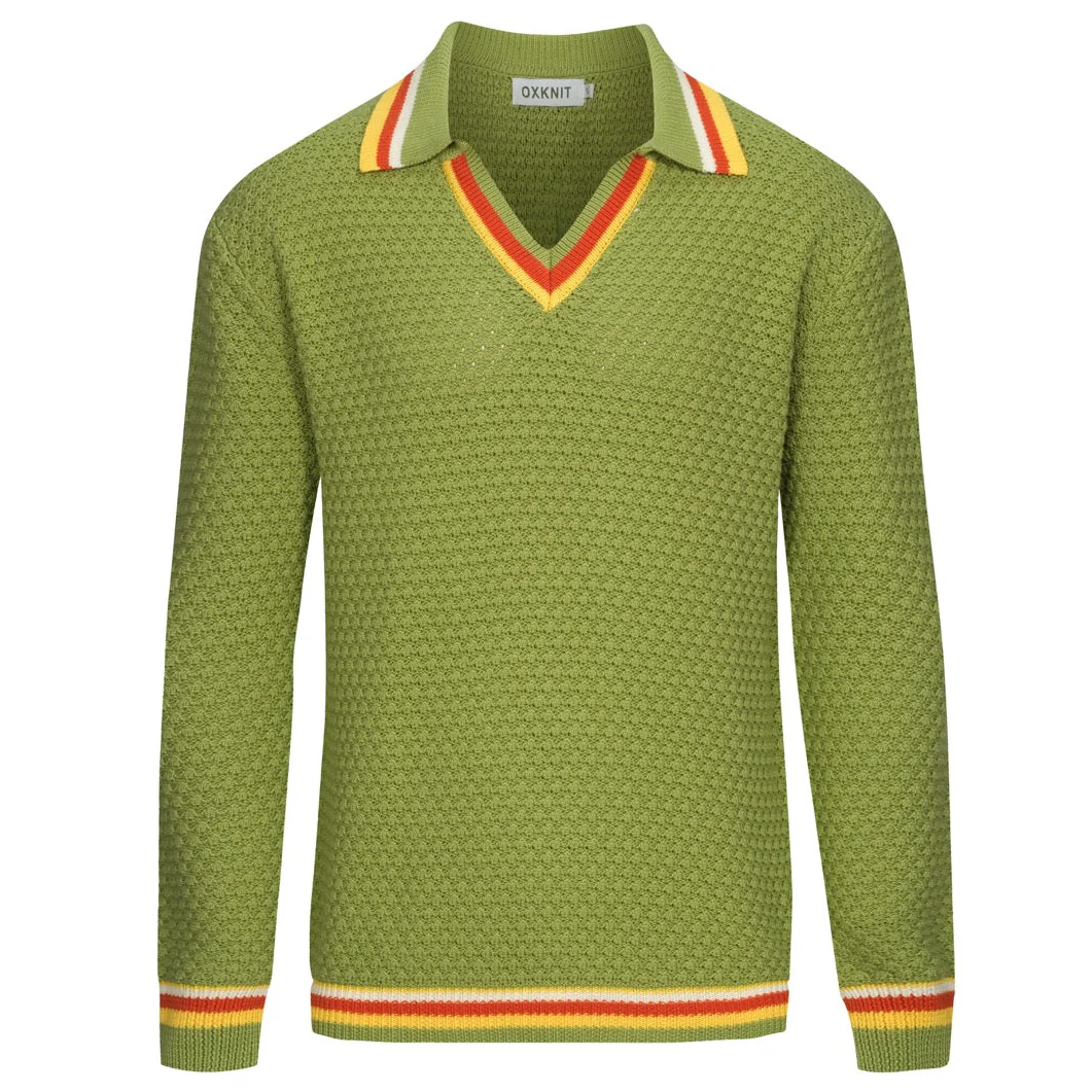 Men's green knitted texture striped V-neck polo shirt