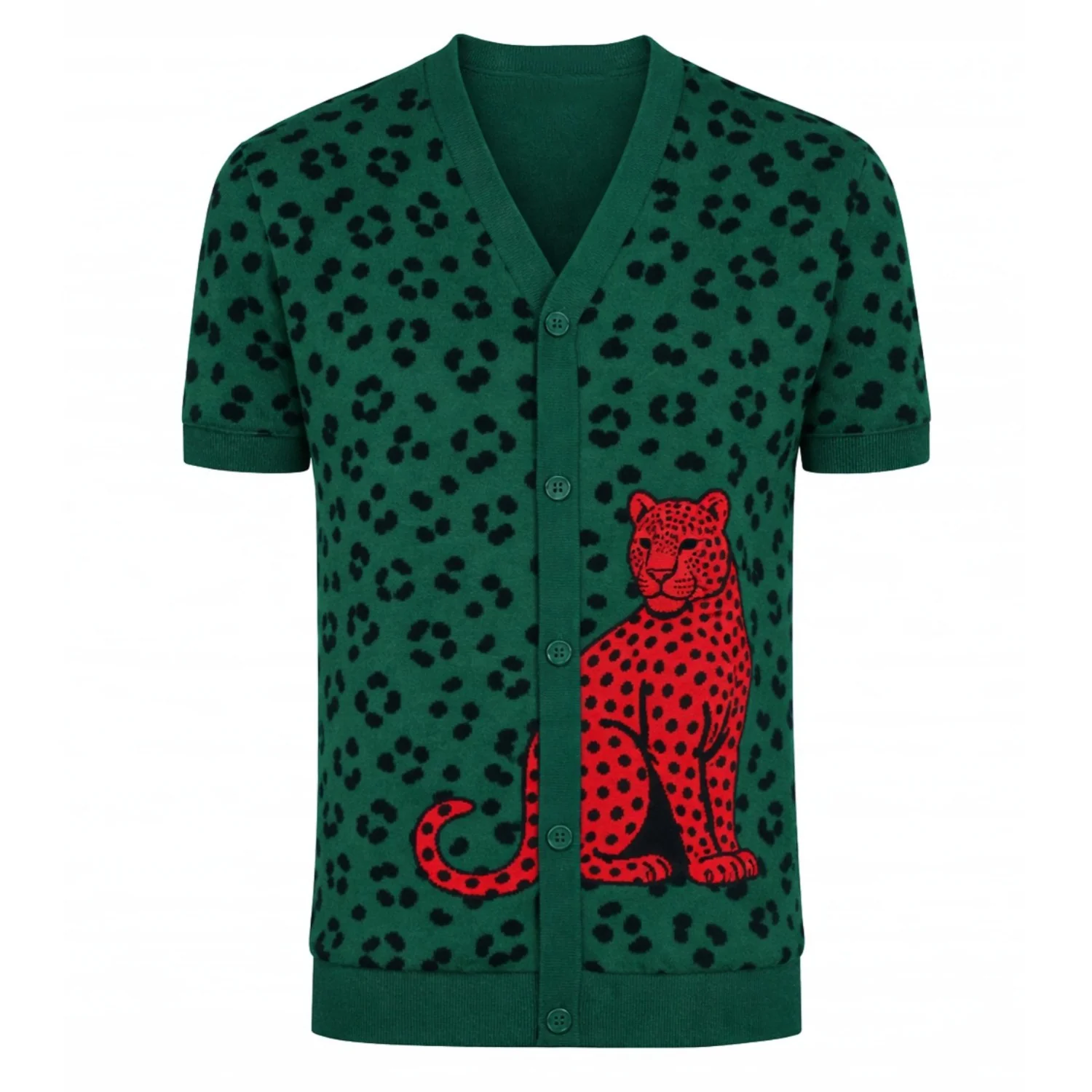 Men's green leopard print animal knitted V-neck cardigan