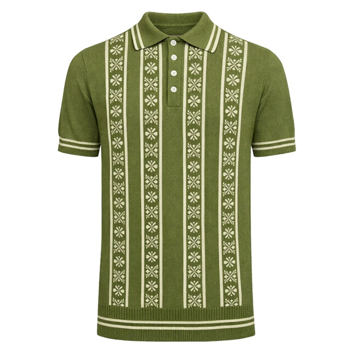 Men's green retro jacquard knitted short-sleeved polo