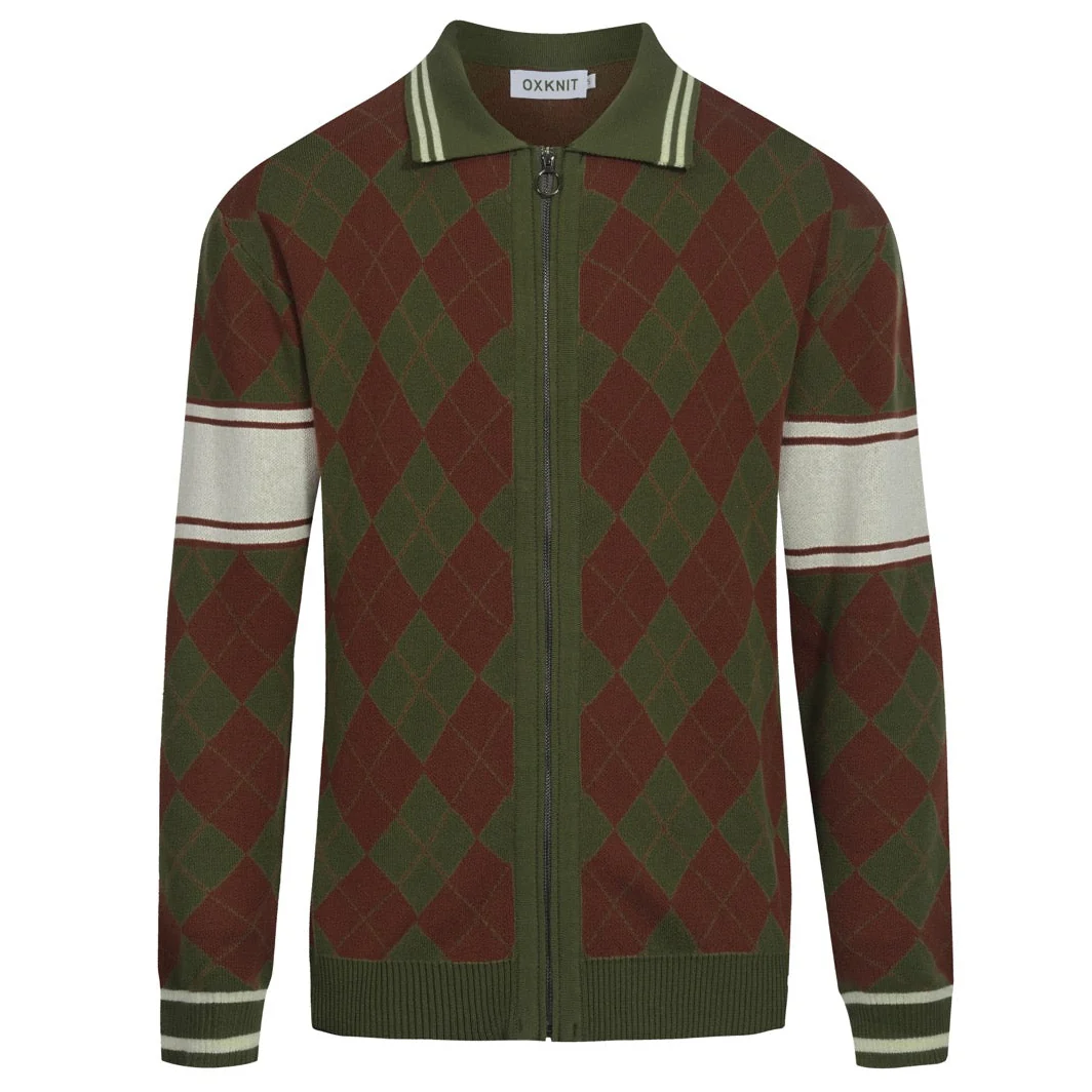Men's green vintage diamond check knit zipper cardigan
