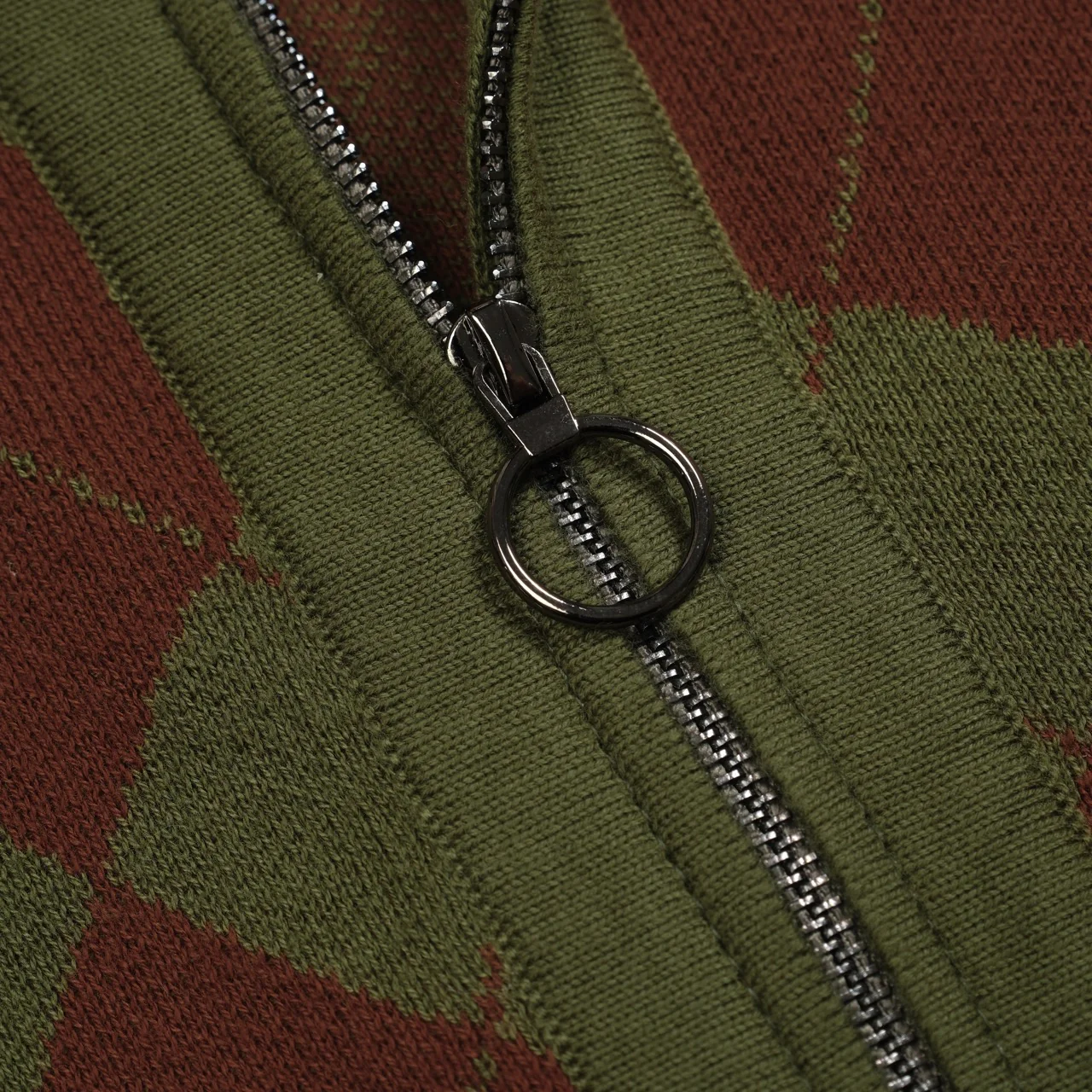 Men's green vintage diamond check knit zipper cardigan - Image 2