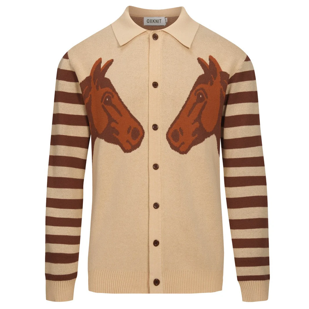 Men's khaki-colored animal print retro jacquard knitted cardigan