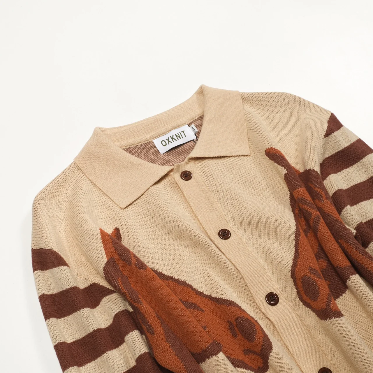 Men's khaki-colored animal print retro jacquard knitted cardigan - Image 10