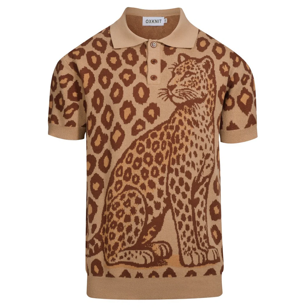 Men's khaki leopard print tiger jacquard knitted polo shirt