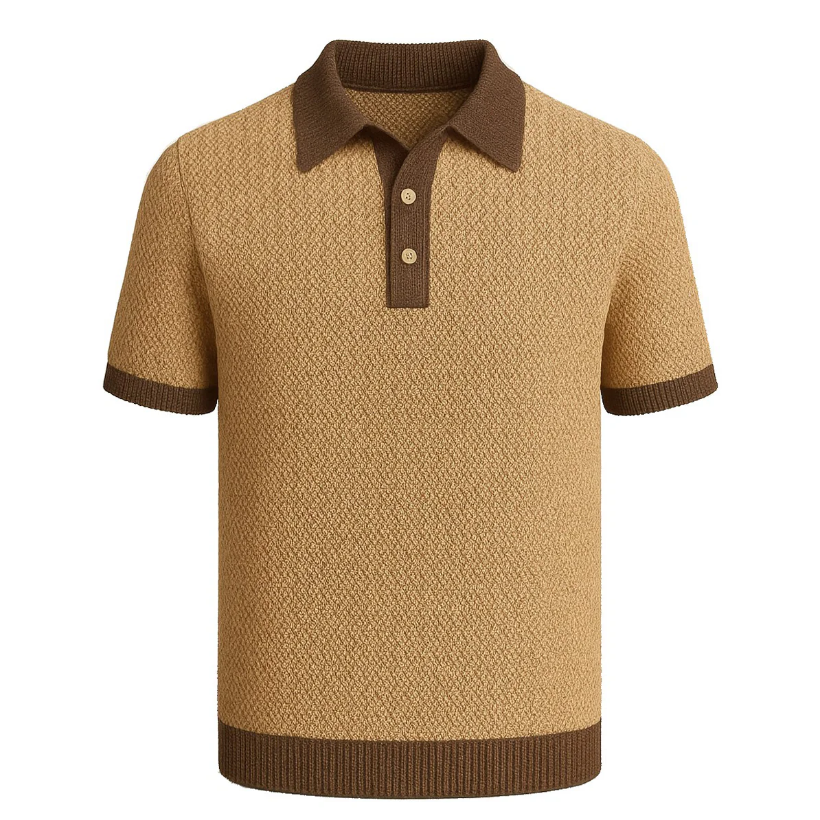 Men's khaki retro texture matching color knitted polo shirt