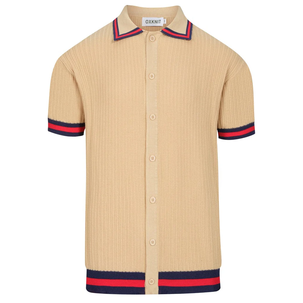 Men's khaki vertical striped knitted cardigan