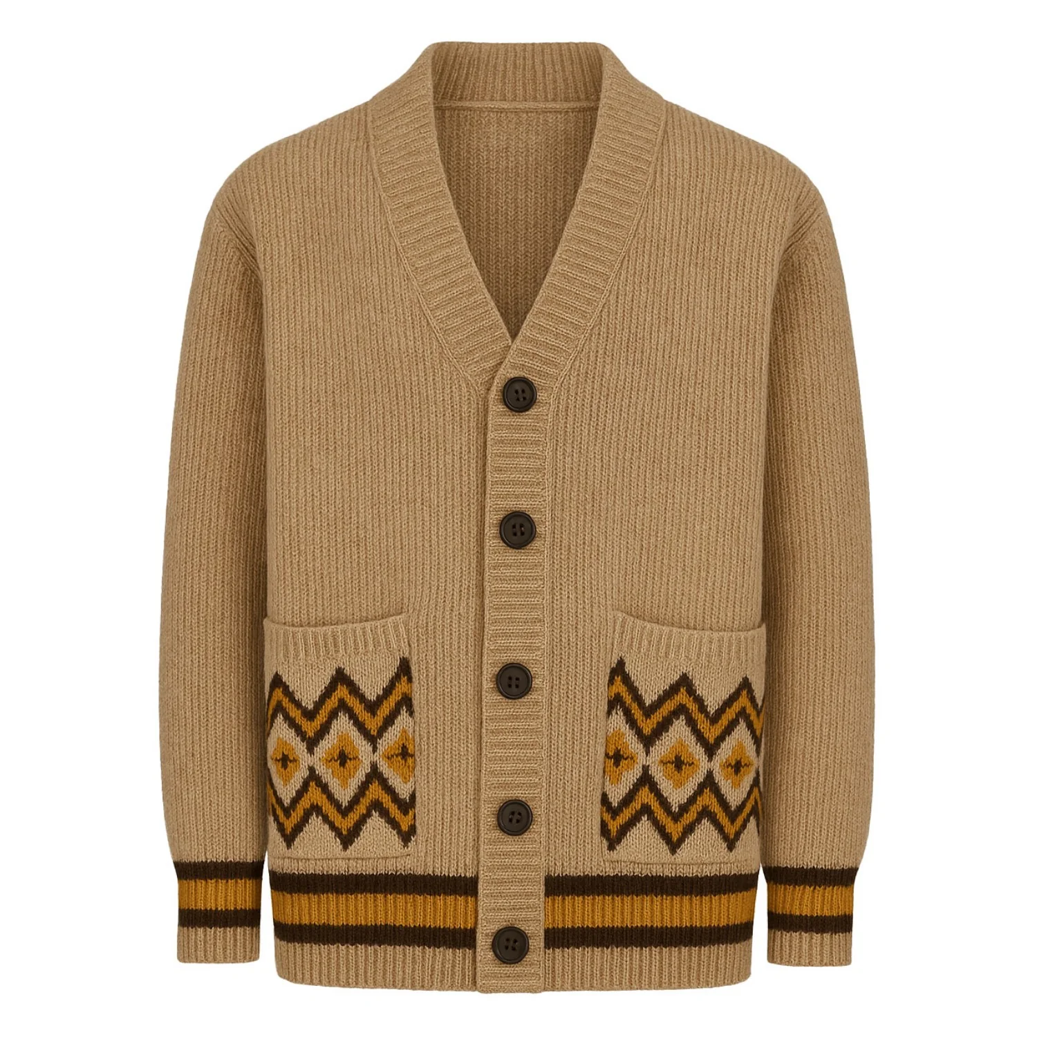 Men's khaki vintage pocket jacquard sweater cardigan