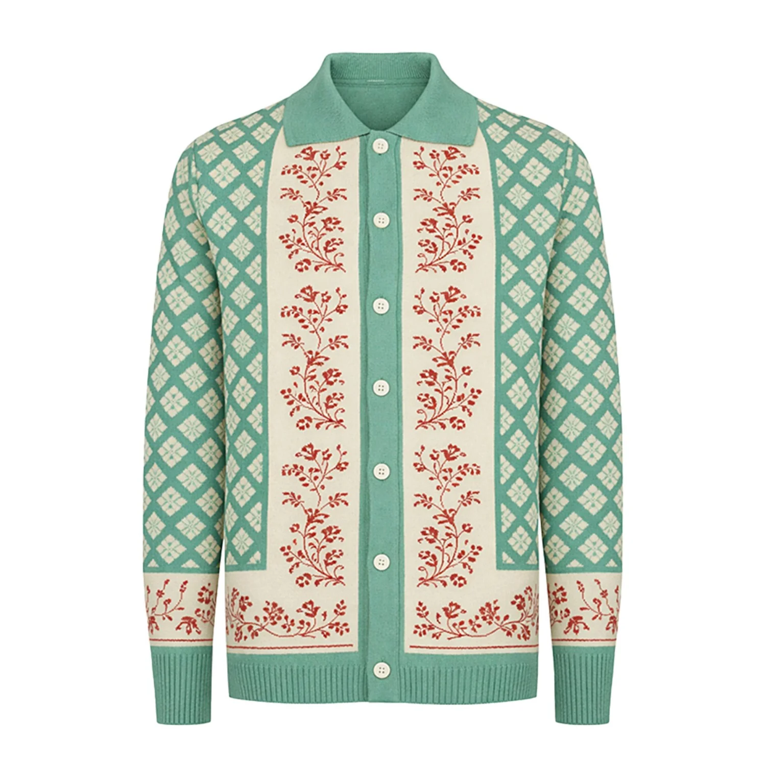 Men's Light Green Patterned Classic Art Jacquard Knitted Cardigan