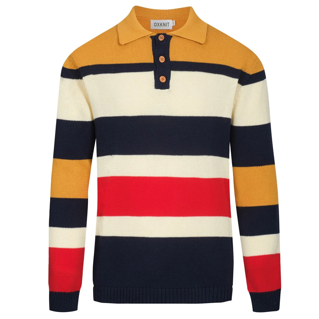 Men's multi-color striped retro-style knitted polo shirt