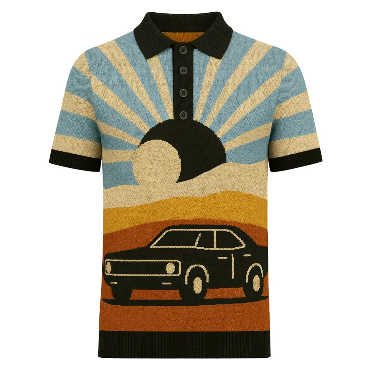 Men's multicolor retro jacquard short-sleeved knitted polo shirt