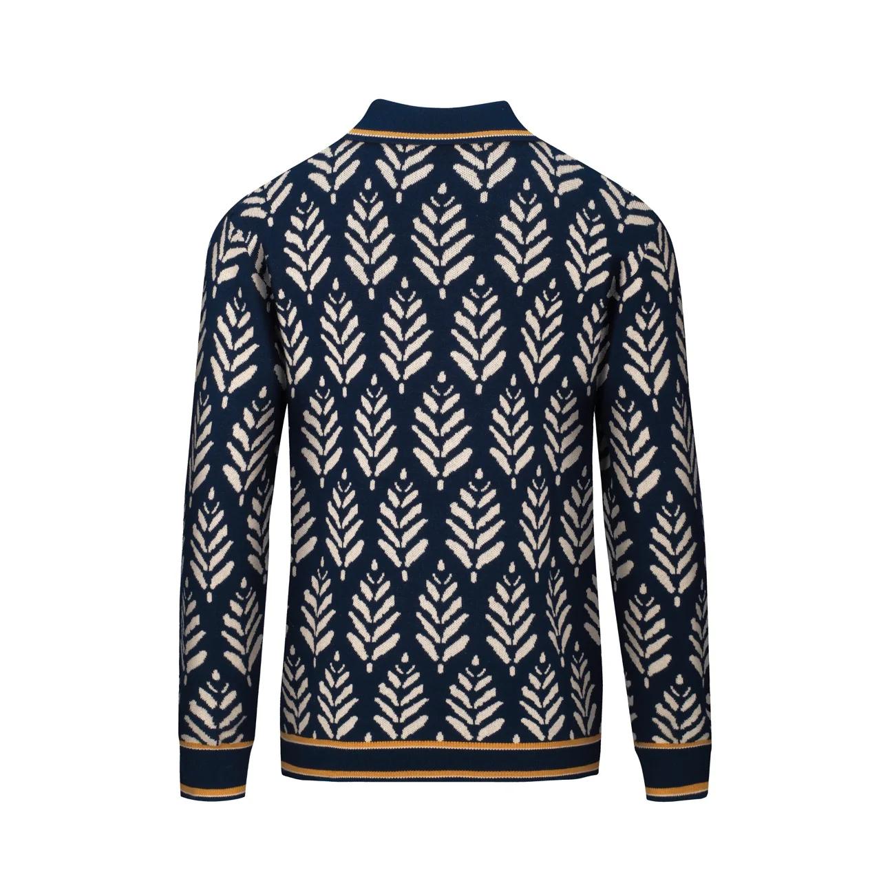 Men's navy 70's jacquard V-neck polo shirt - Image 3