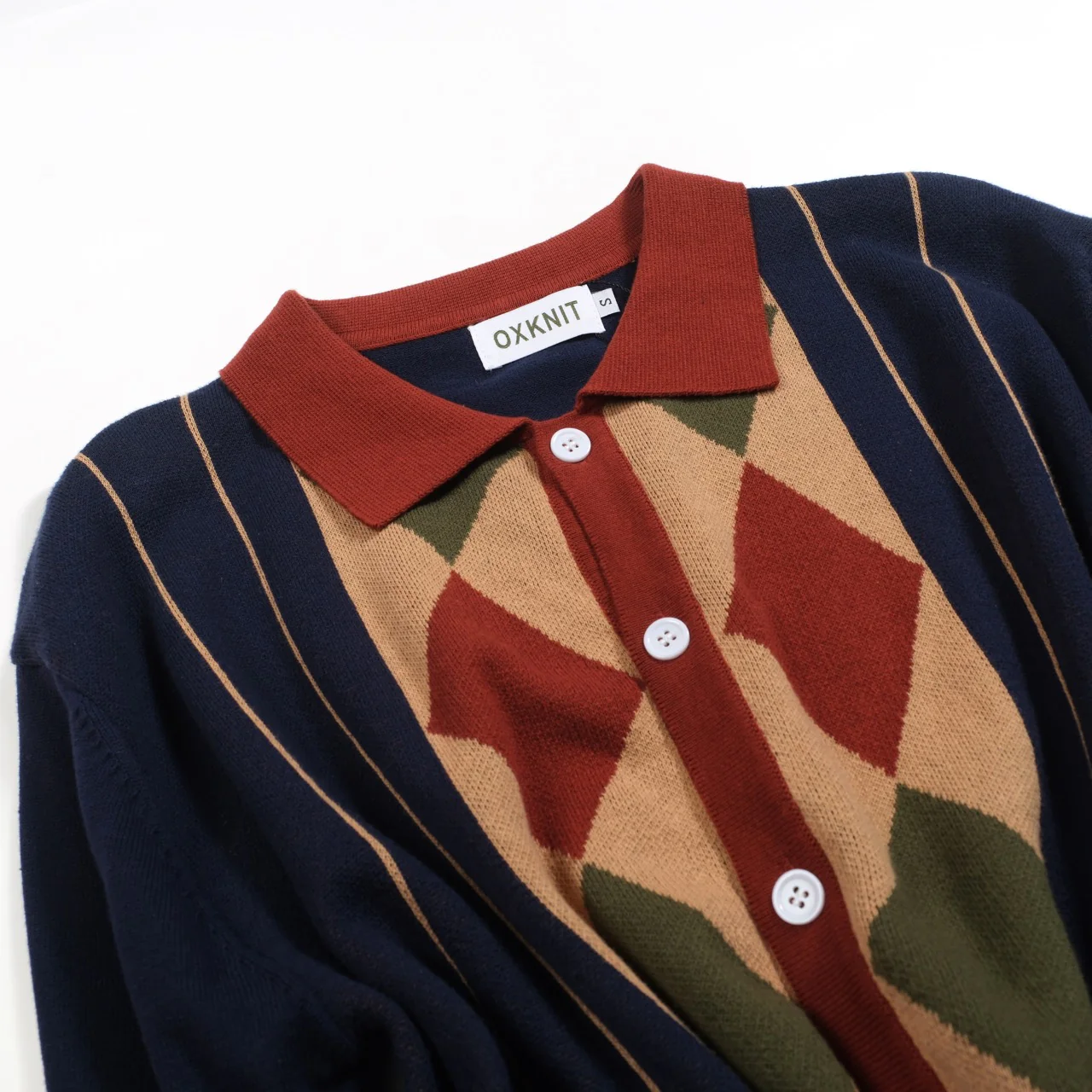 Men's navy blue vintage striped diamond check cardigan - Image 8