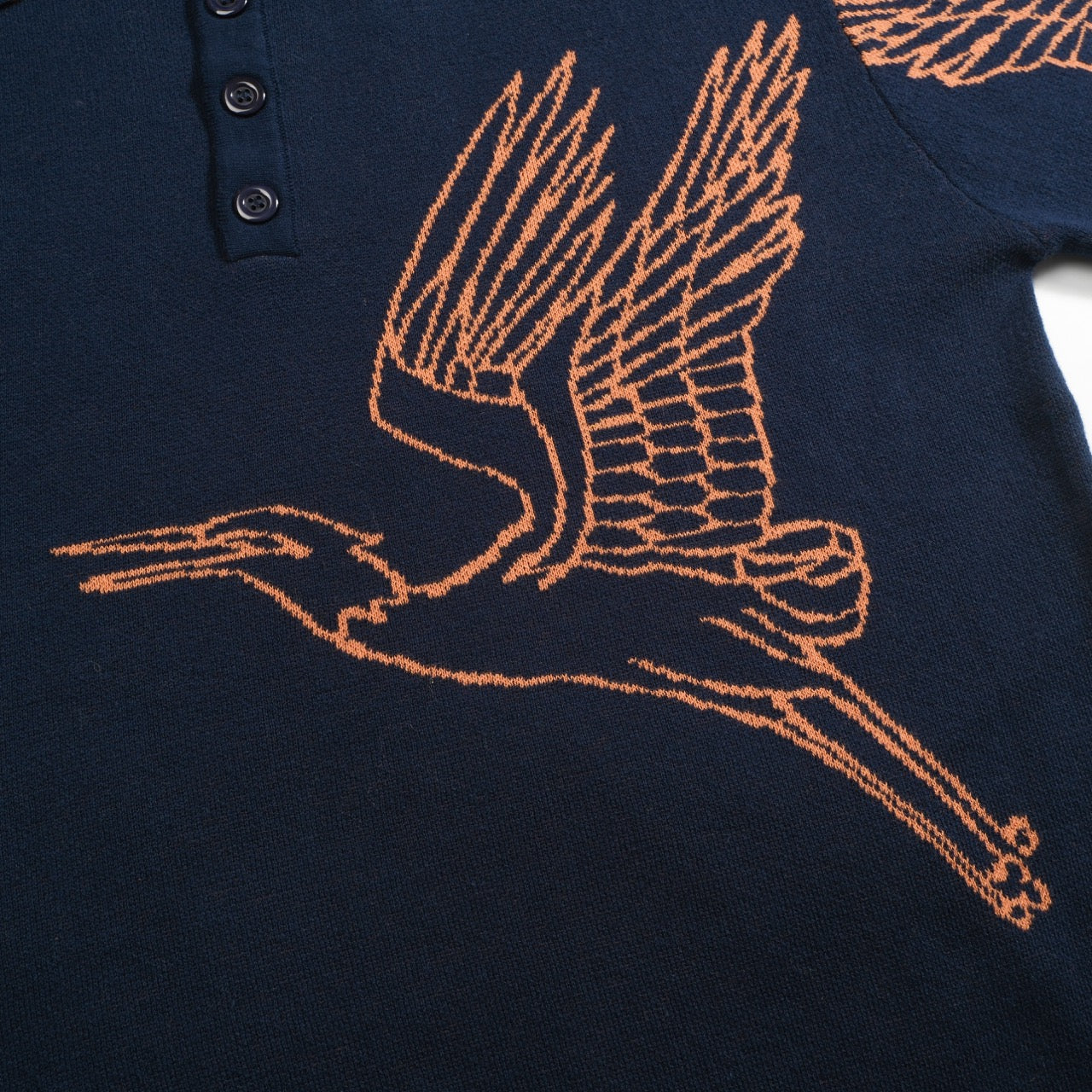 Men's navy Flying Crane art jacquard knitted polo shirt - Image 2