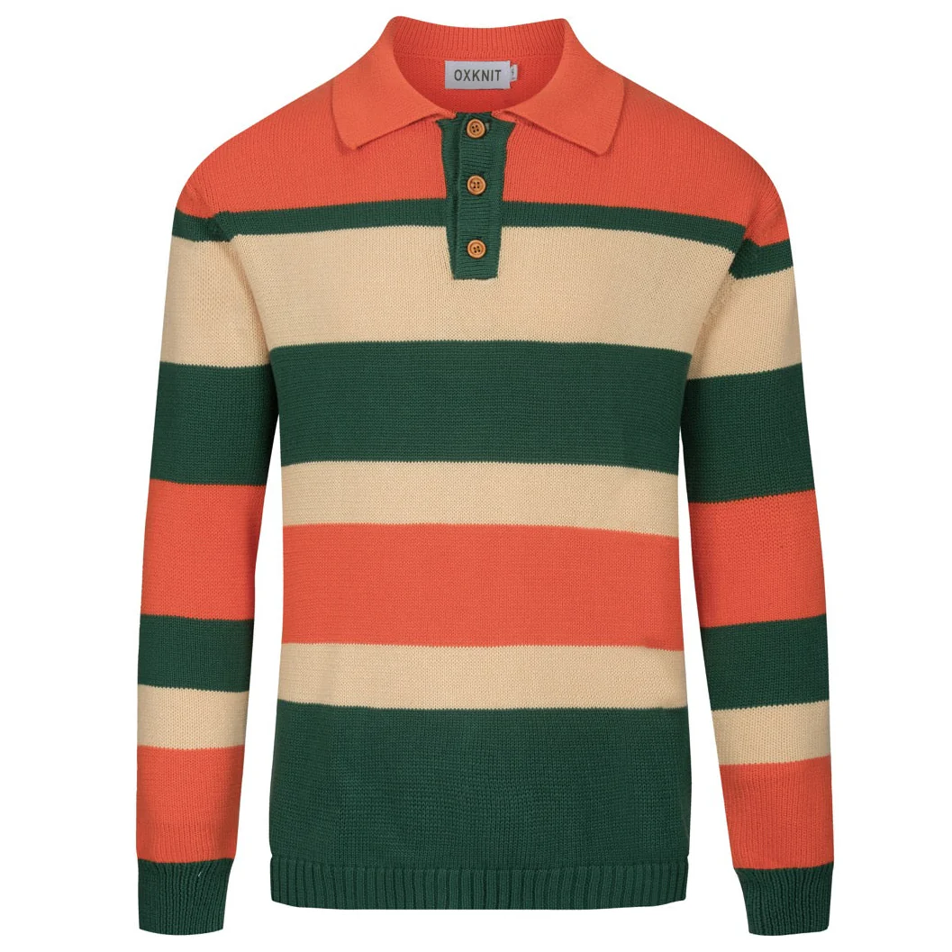 Men's orange and green striped jacquard knitted polo shirt