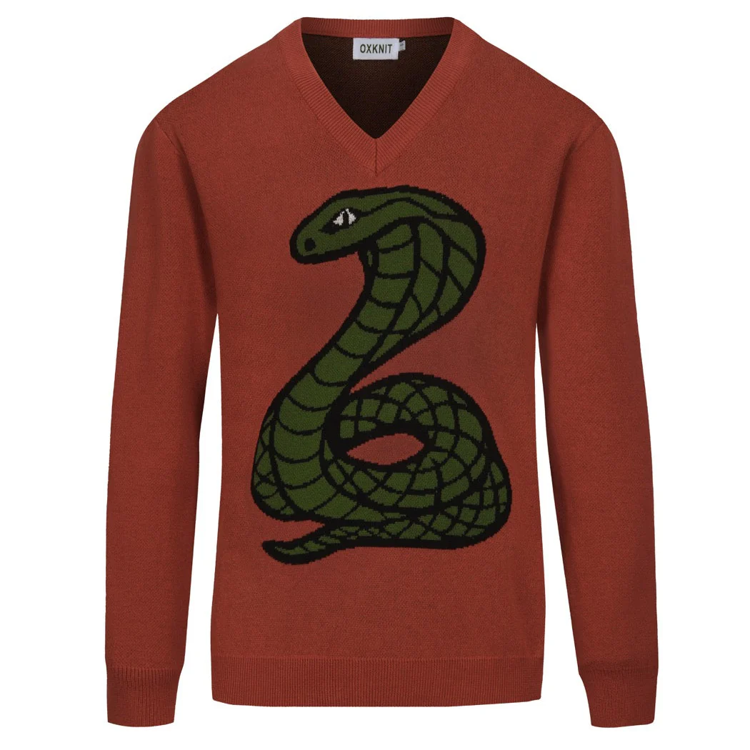 Men's orange snake jacquard V-neck knitwear