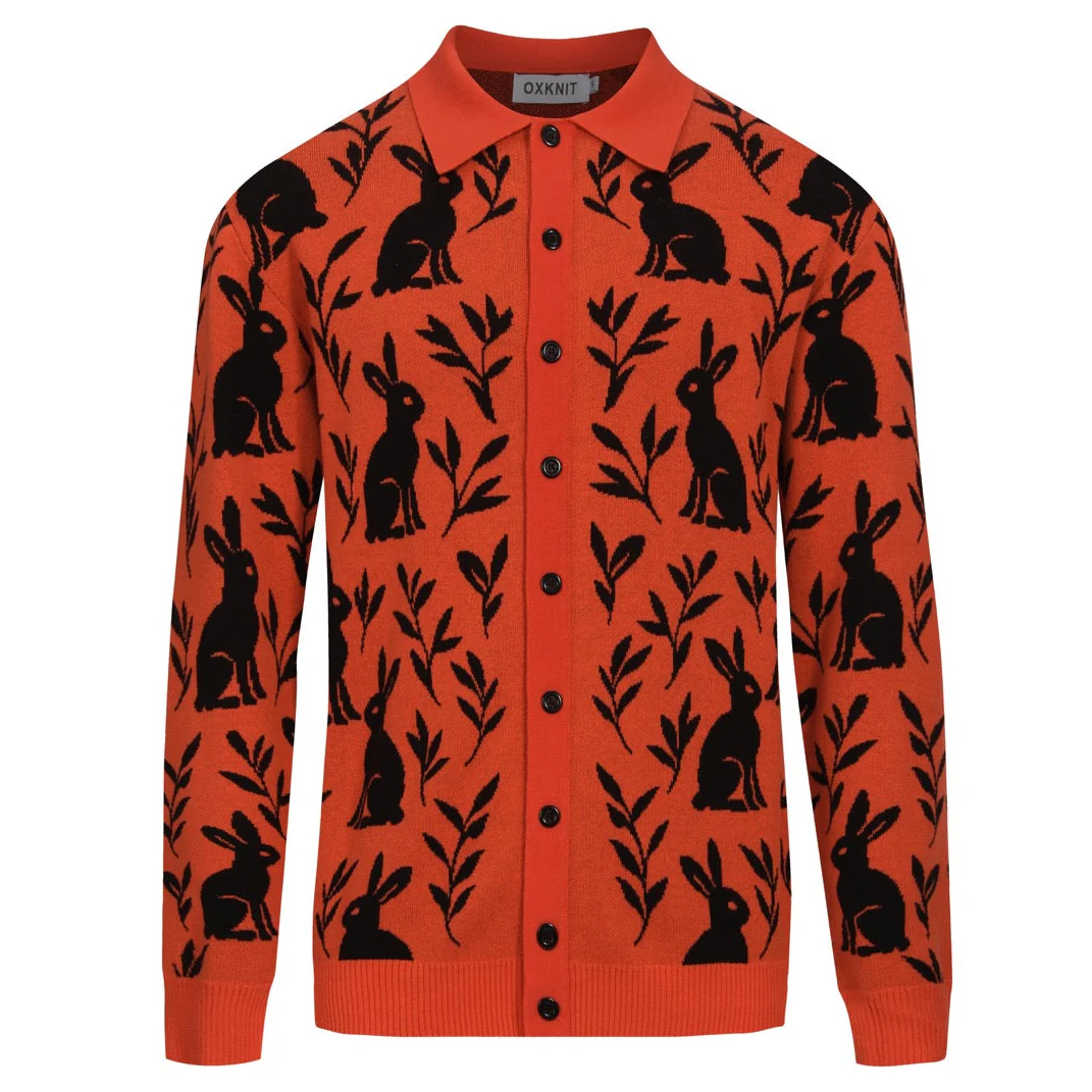 Men's orange rabbit plant jacquard cardigan