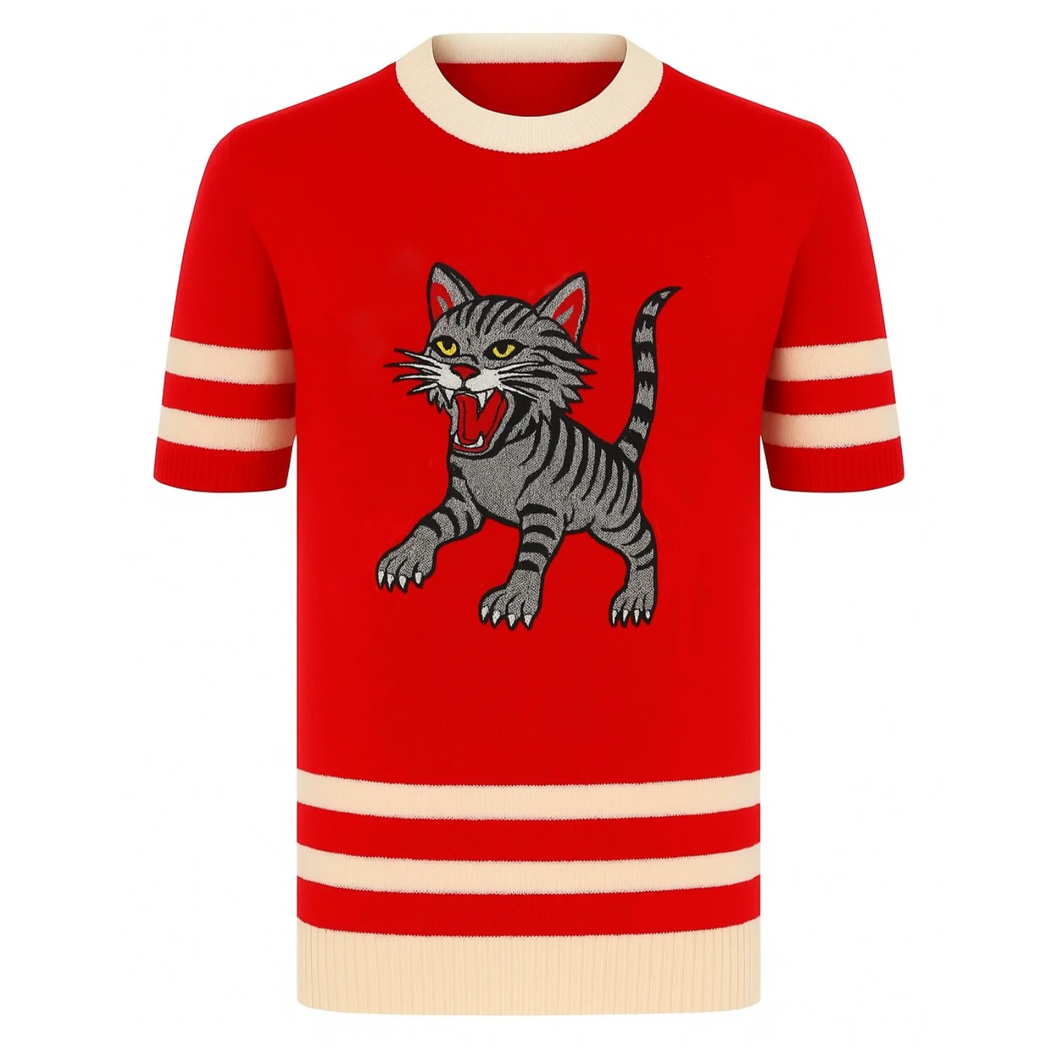 Men's red cat embroidered knit T-shirt
