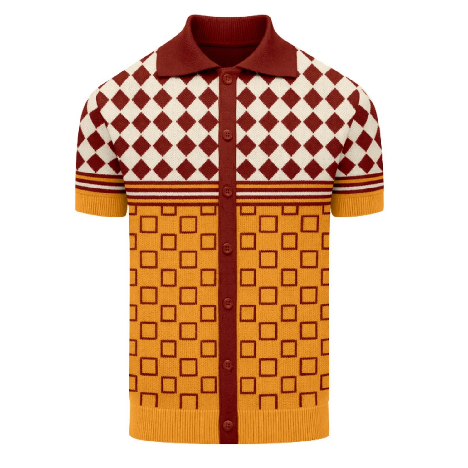 Men's red color-blocked retro graphic knitted cardigan