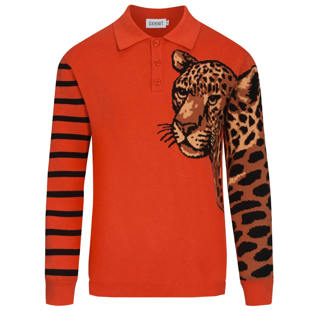 Men's red leopard striped knitted polo shirt