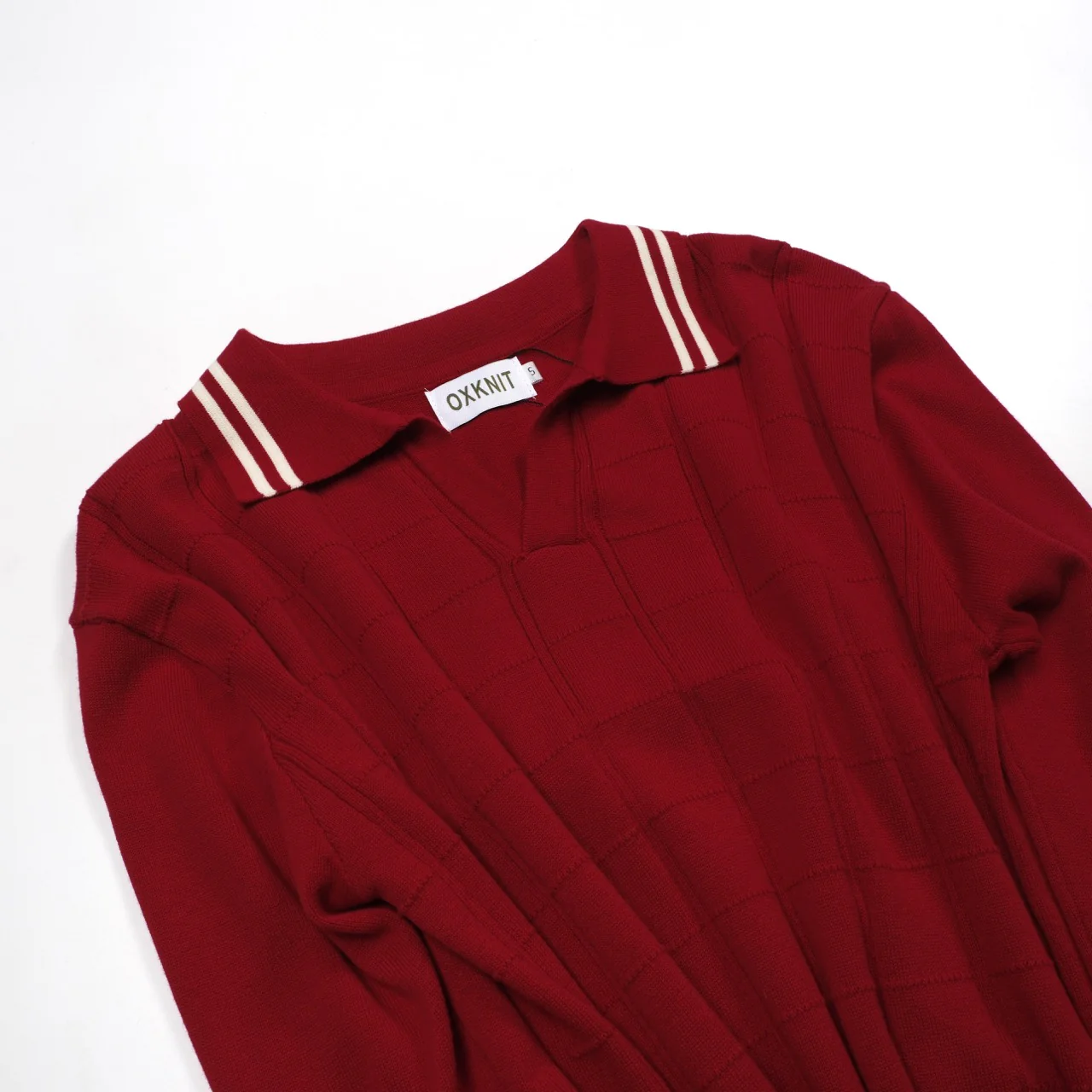 Men's Red Striped Classic Jacquard Knit Polo Shirt - Image 9