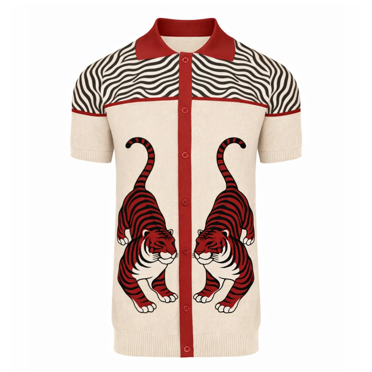 Men's red zebra-patterned knitted cardigan