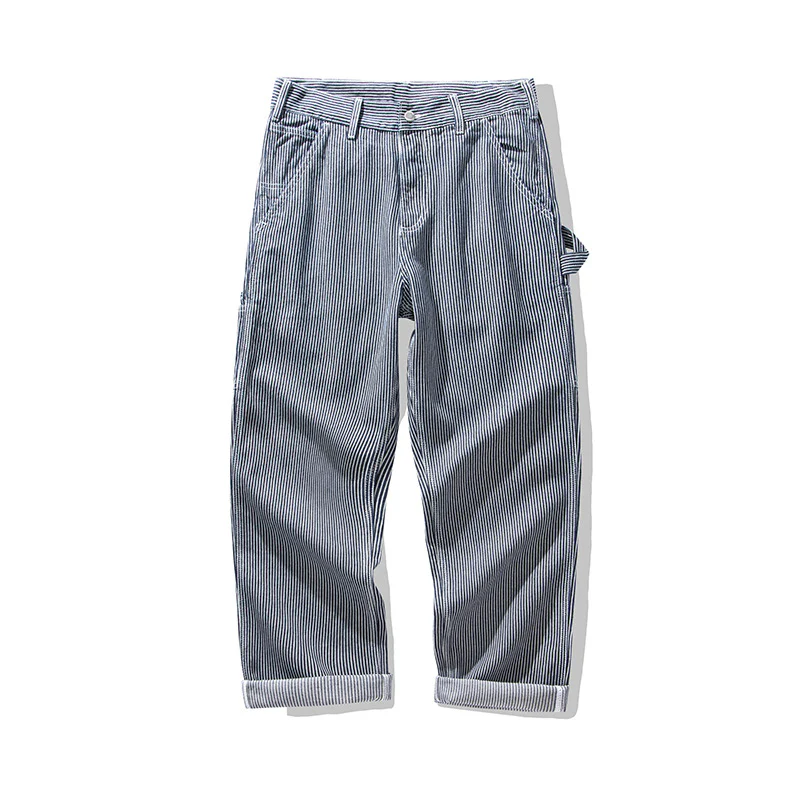 Men's Retro Casual Railway Worker Pocket Striped Cargo Outdoor Work Pants - Image 4