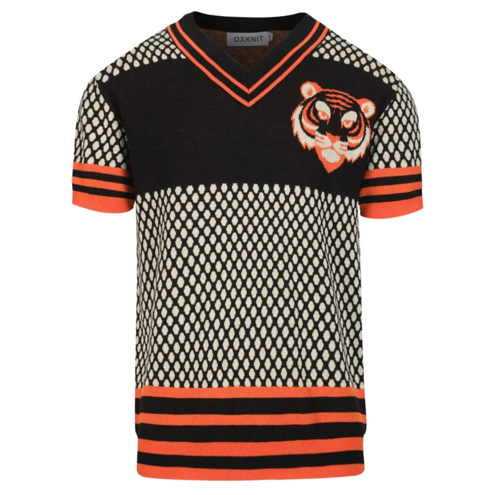 Men's retro jacquard knitted V-neck T-shirt