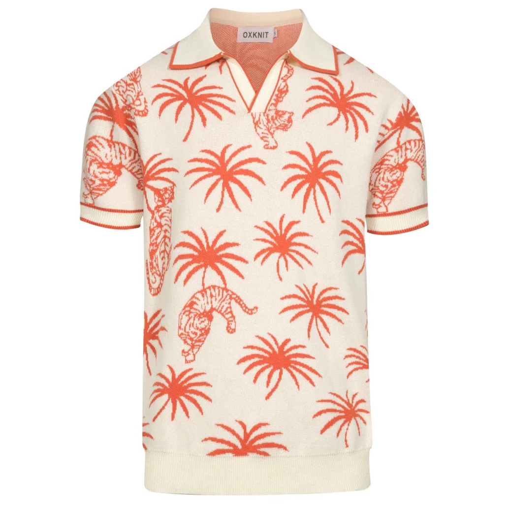 Men's white coconut tree tiger jacquard V-neck knitted polo shirt