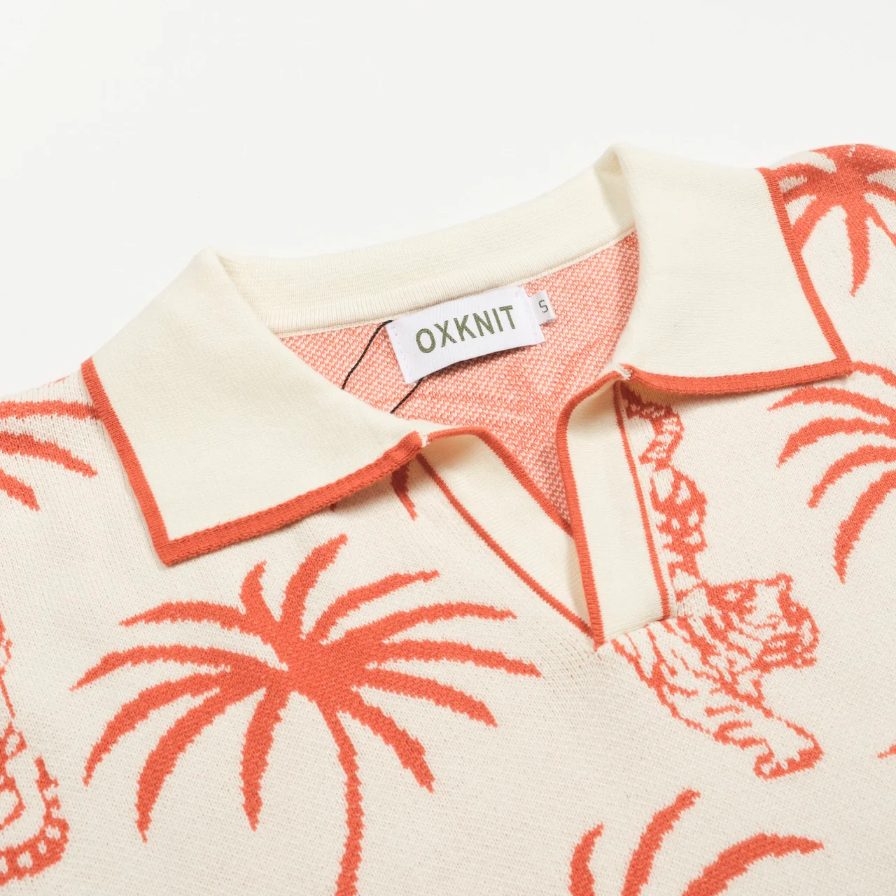 Men's white coconut tree tiger jacquard V-neck knitted polo shirt - Image 3