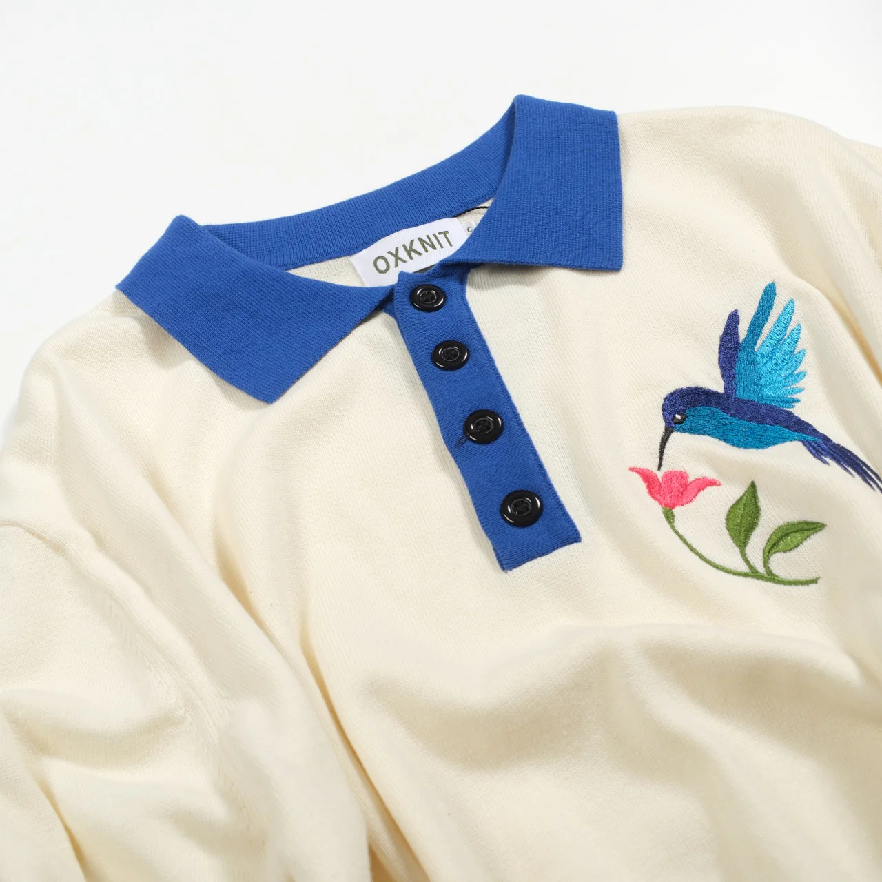 Mens white hummingbird embroidered knitted polo shirt - Image 8
