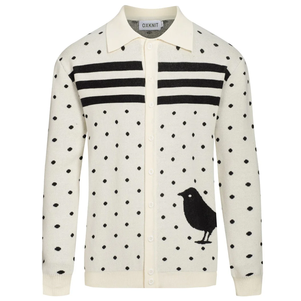 Men's white striped bird art jacquard cardigan