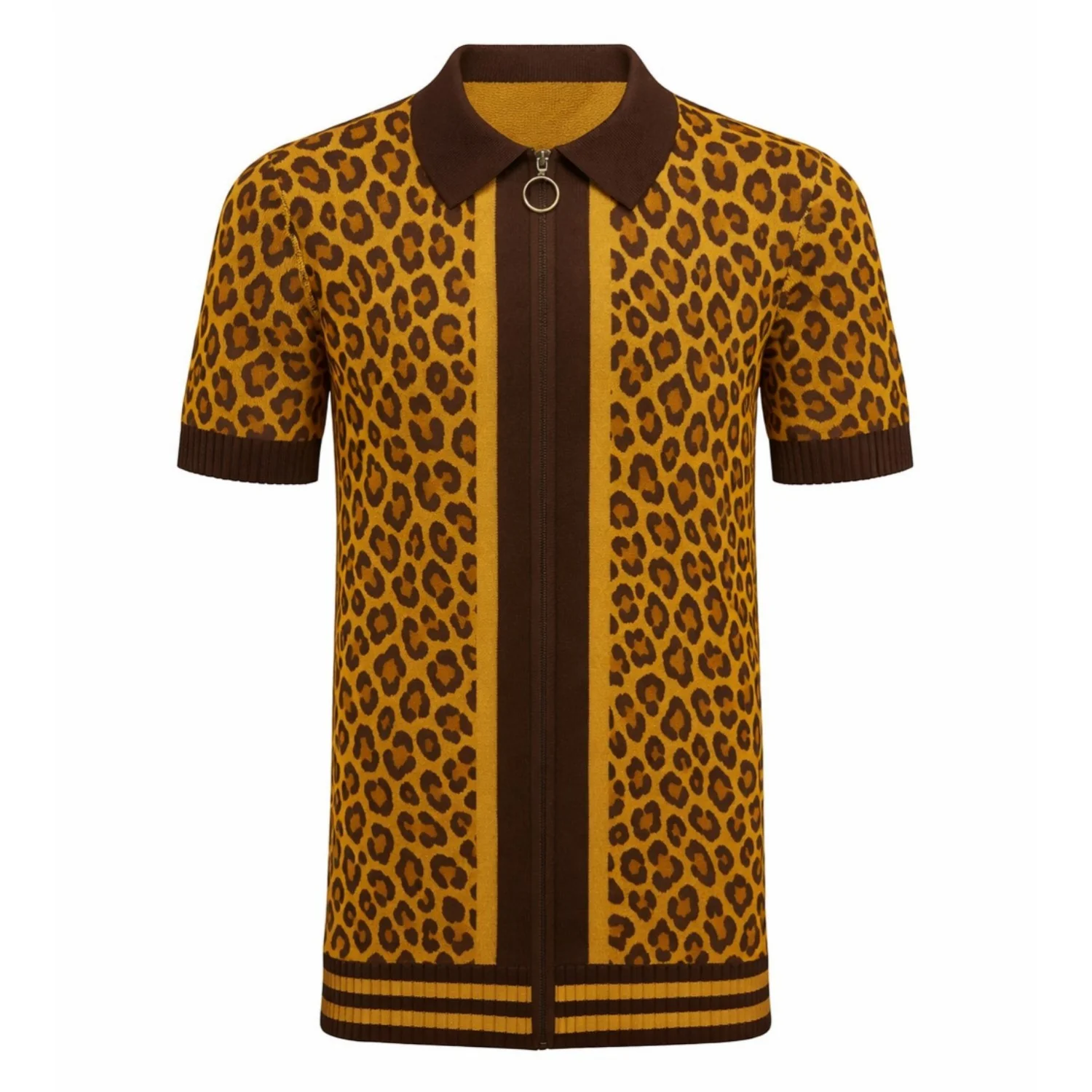 Men's yellow leopard print jacquard zipper knitted cardigan