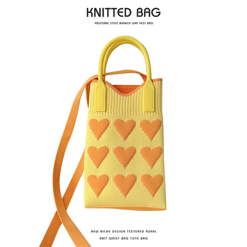 Pink Heart Shape Mini Phone Bag Knit Tote - Image 11
