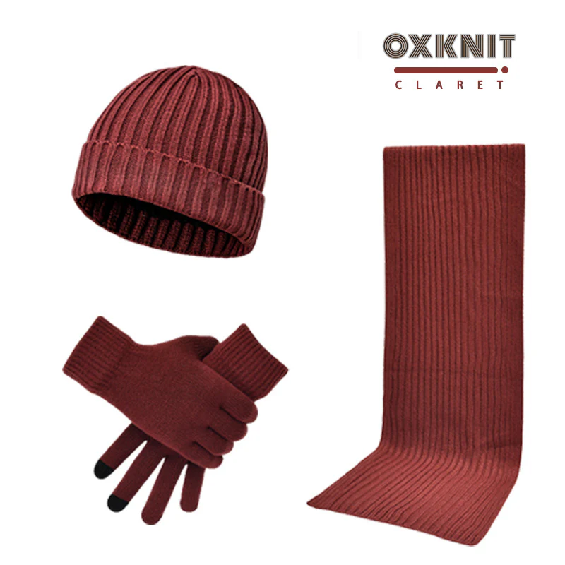 Solid Color Woolen Hat Scarf Gloves Three-Piece Set - Image 4