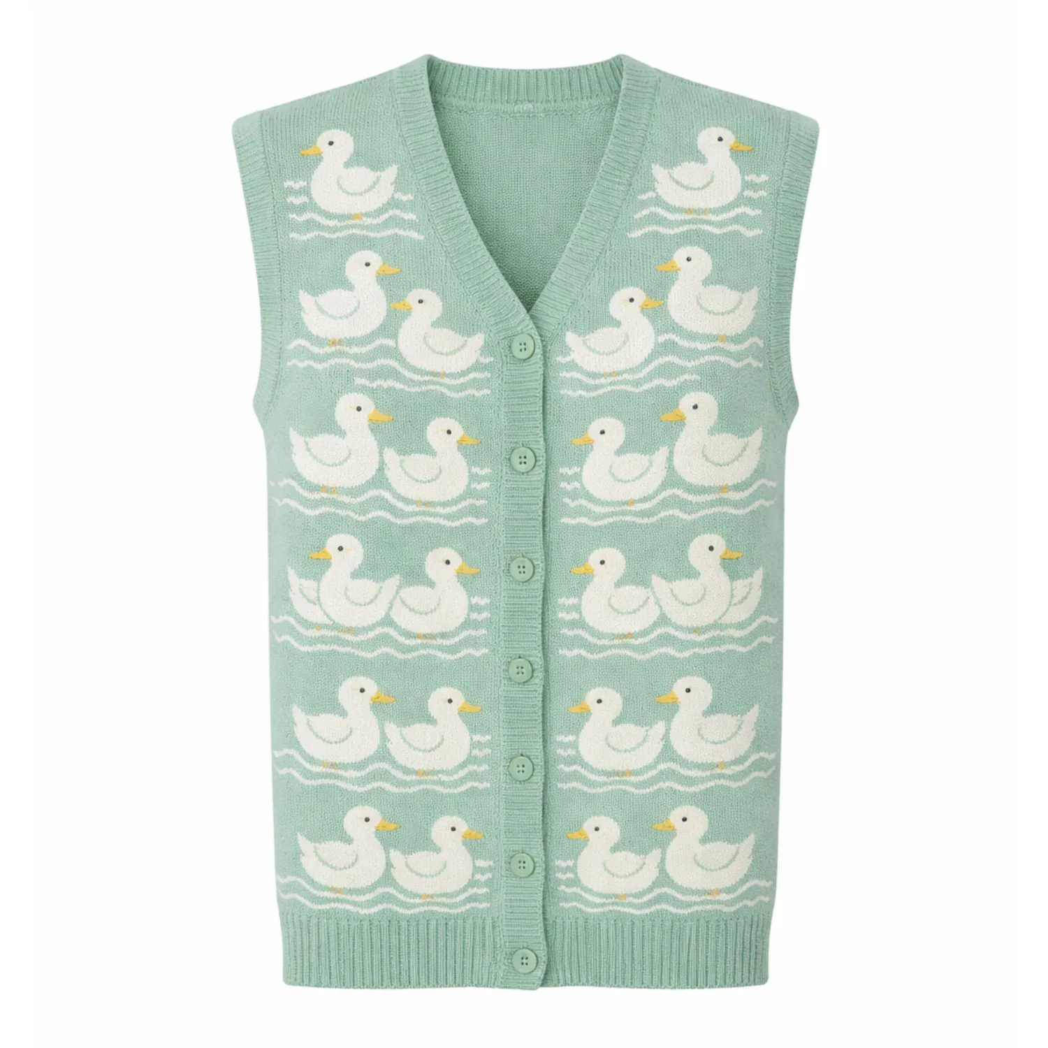 Unisex retro mint green animal jacquard knitted cardigan vest