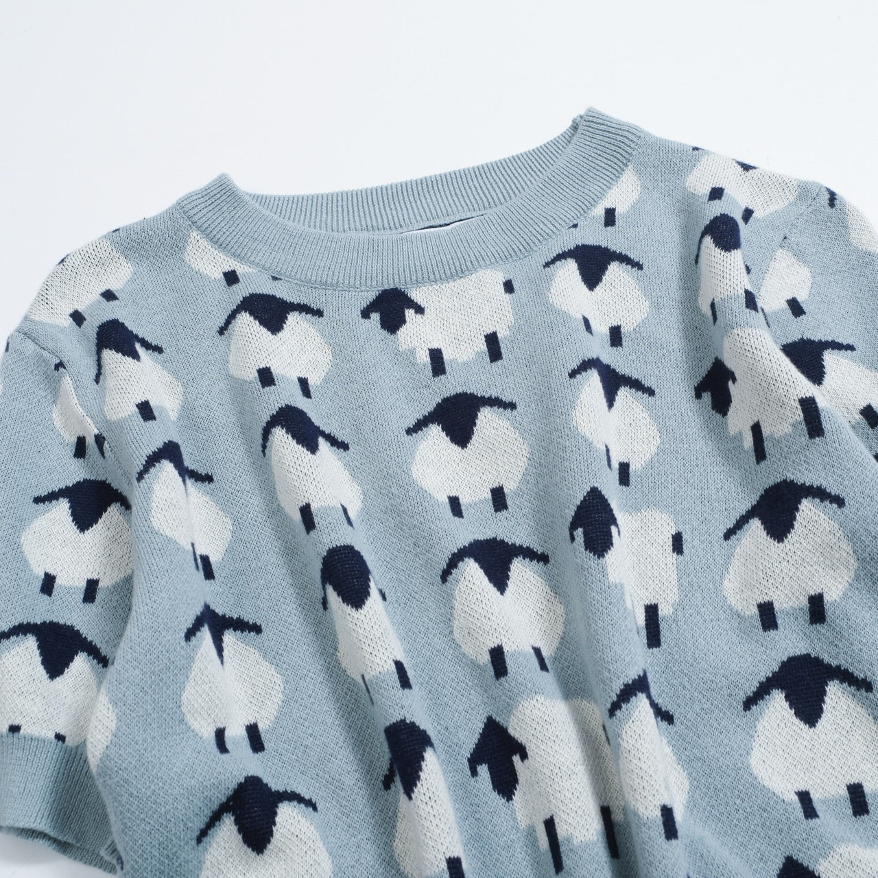 Women’s Blue Sheep Knit Tee – Playful Pastel Pullover-Cropped Length - Image 7