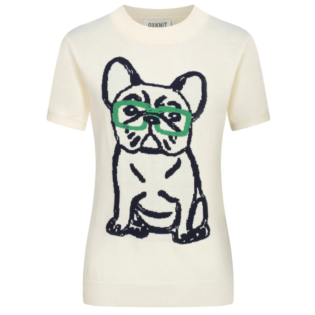 Women’s French Bulldog Knit Tee – Cream Short Sleeve Top
