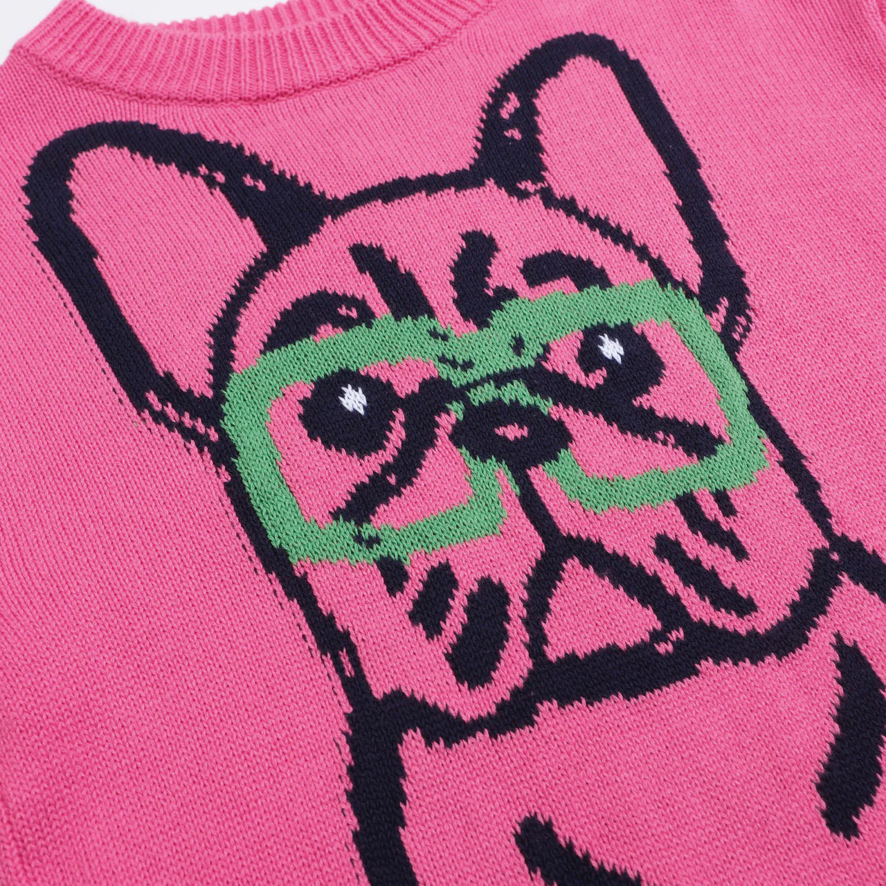 Women’s Hot Pink French Bulldog Sweater – Quirky Knit with Glasses Dog Motif - Image 4