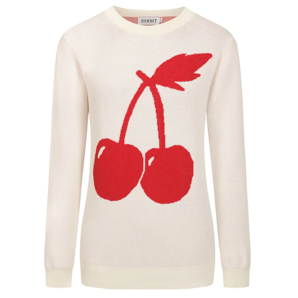 Women retro cream white cherry jacquard knitwear