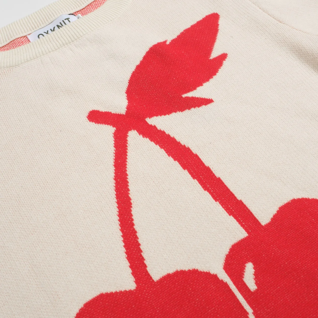 Women retro cream white cherry jacquard knitwear - Image 5