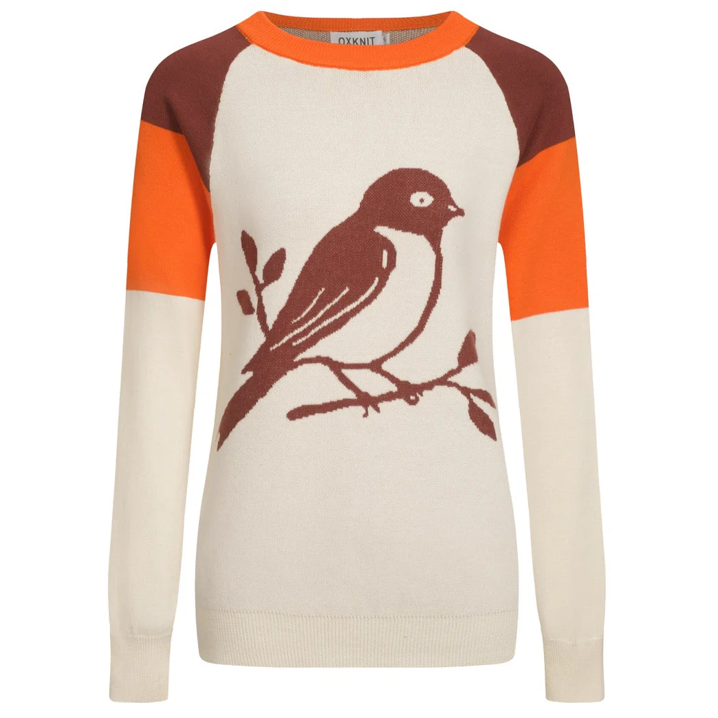 Women's Apricot Retro Bird Round-neck Plaid Knitwear