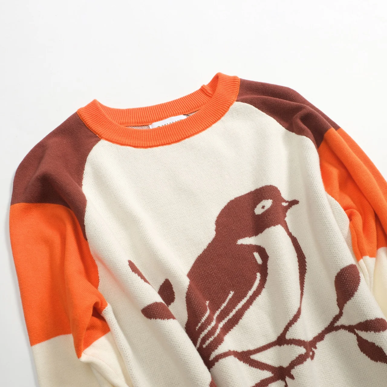 Women's Apricot Retro Bird Round-neck Plaid Knitwear - Image 9